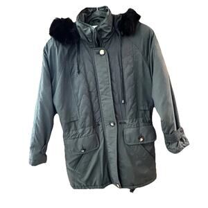 VTG Albert Nipon Women’s Parka Green Real Fox Trim Hood Cinch Waist Ski Winter